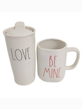 Rae Dunn "Be Mine" & "Love" Large Ceramic Coffee Mug & Travel Tumbler (Set of 2)